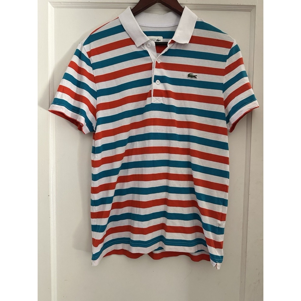 Lacoste Mens Striped Polo in White, Teal & Red